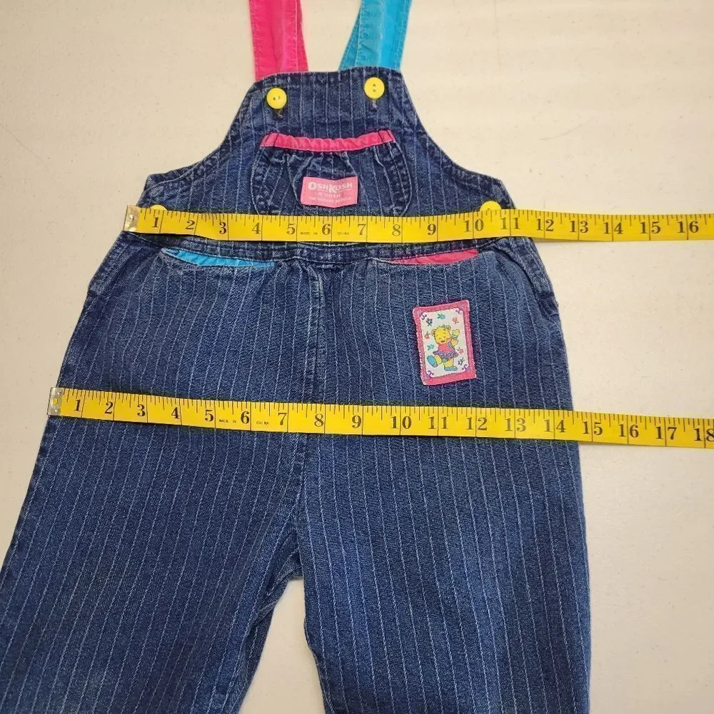 Oshkosh Vintage Overalls Pin Stripe Pink Blue Yellow Character Bear Patch